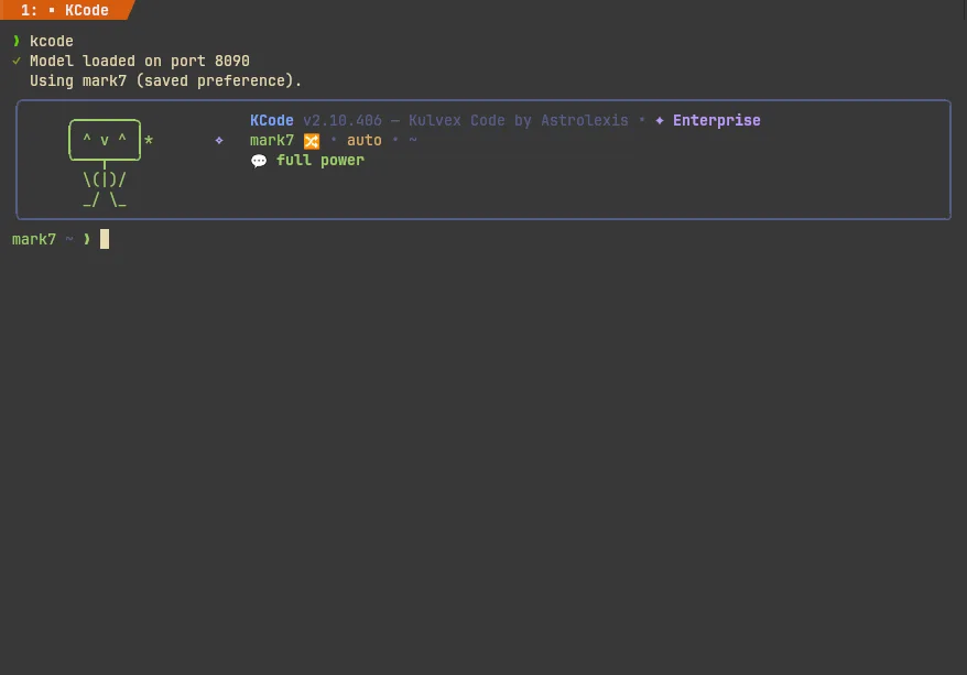 KCode v2.10.406 terminal — kcode launched with mark7 model loaded on port 8090, Enterprise edition by Astrolexis