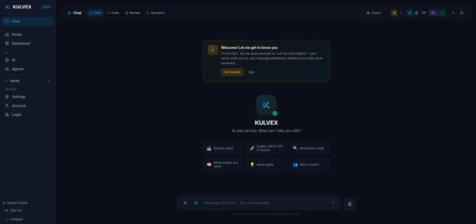 Kulvex AI v4.1.0 chat interface — sidebar with Home, Dashboard, AI, Agents; main panel with welcome banner and quick-action prompts